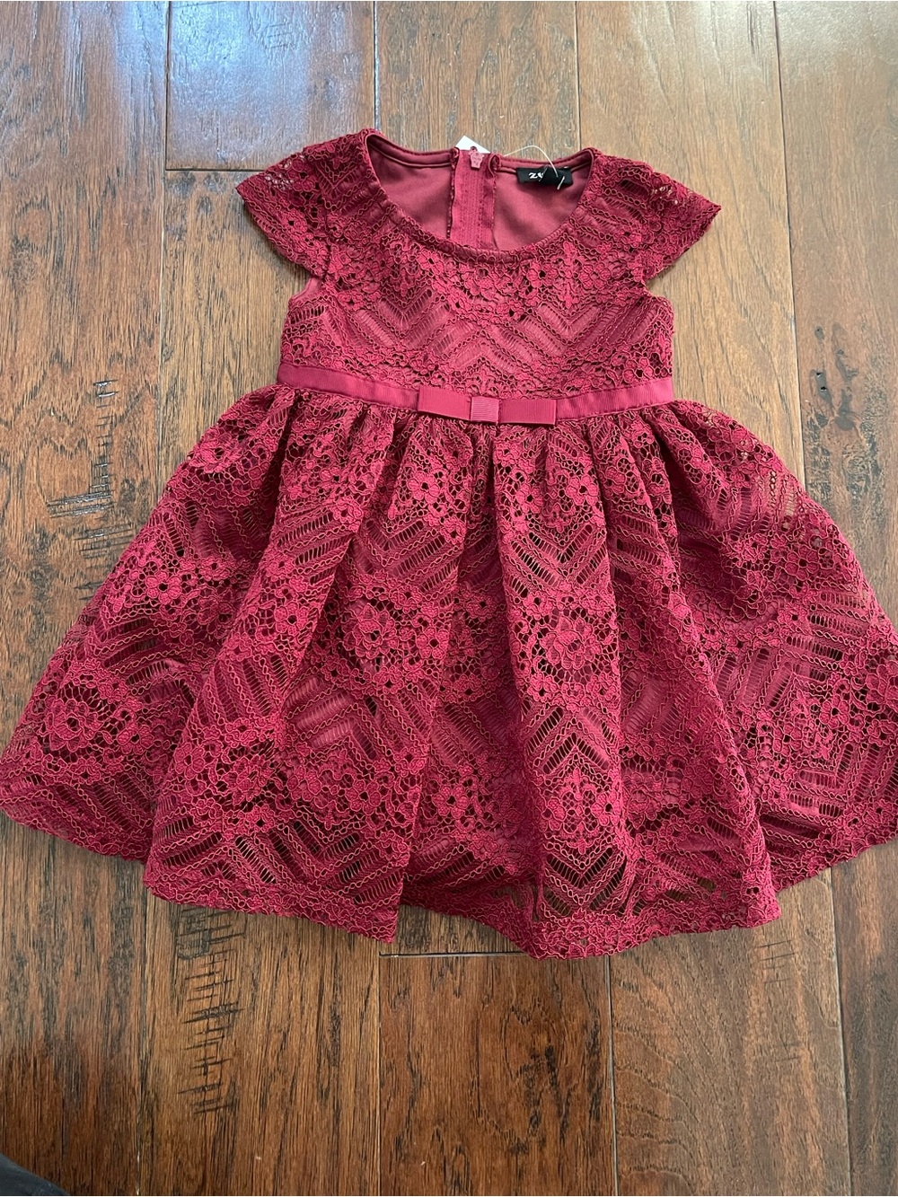 Zunie Girls' Burgundy Lace Bow Waist Party Dress